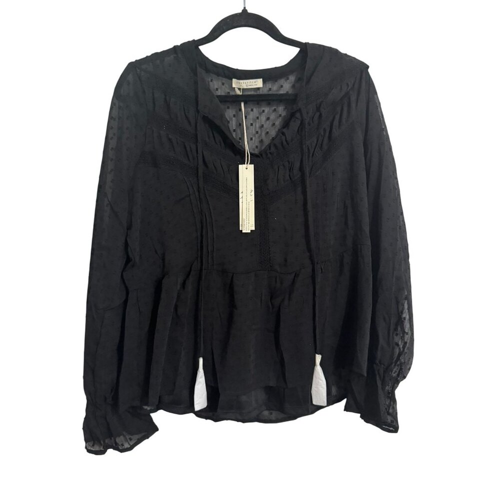 Lovestitch Black Sheer Swiss Dot Long Sleeve Blouse With Tie Neck Detailing